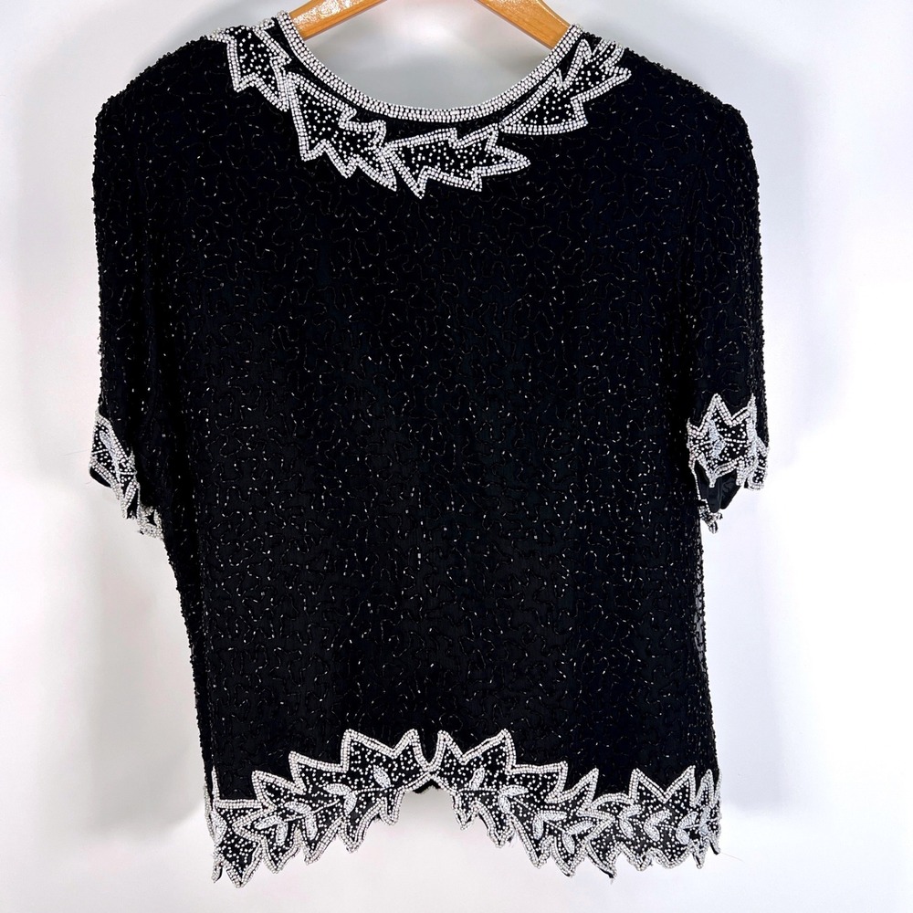 Laurence Kazar New York 3X Black Silk Beaded Blouse Glam Top Evening Wear Vtg